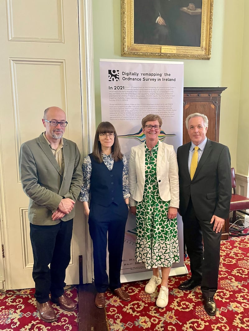 Dr Keith Lilley with Dr Catherine Porter, Colin Bray of Tailte Éireann and Suzanne McLaughlin of Ordnance Survey of Northern Ireland.