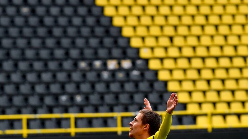 Thorgan Hazard celebrates scoring the third. Photo: Martin Meissner/AFP via Getty Images