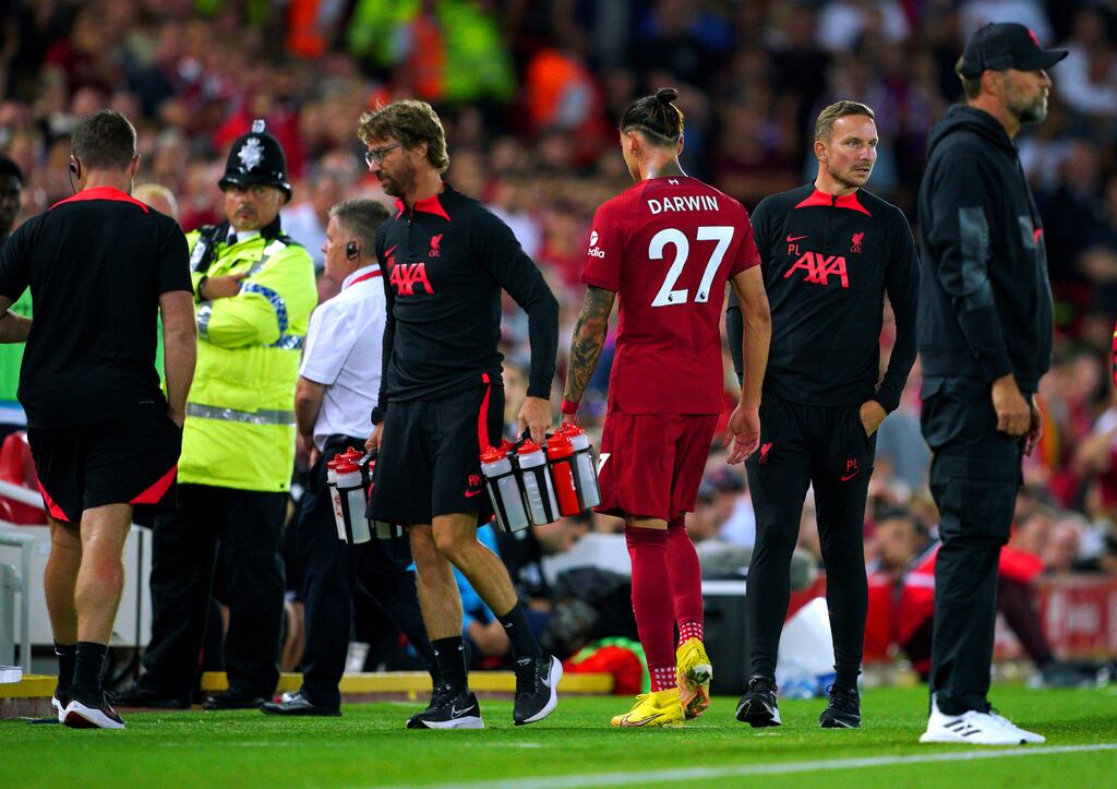 Liverpool's Darwin Nunez leaves the pitch after receiving a red card against Crystal Palace. Photograph: PA