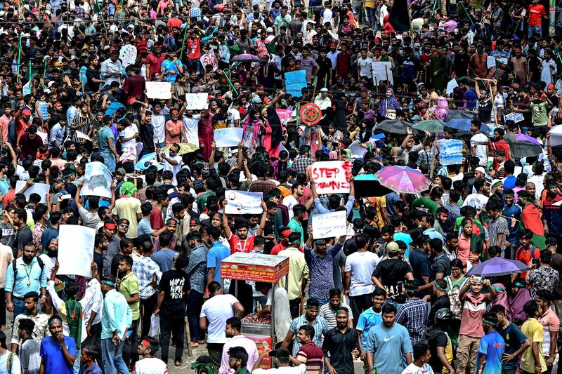 Protesters block the Shahbagh intersection during a protest in Dhaka, Bangladesh, on Sunday, demanding justice for victims arrested and killed in recent nationwide violence amid protests. Photograph: Munir Uz Zaman/AFP/Getty