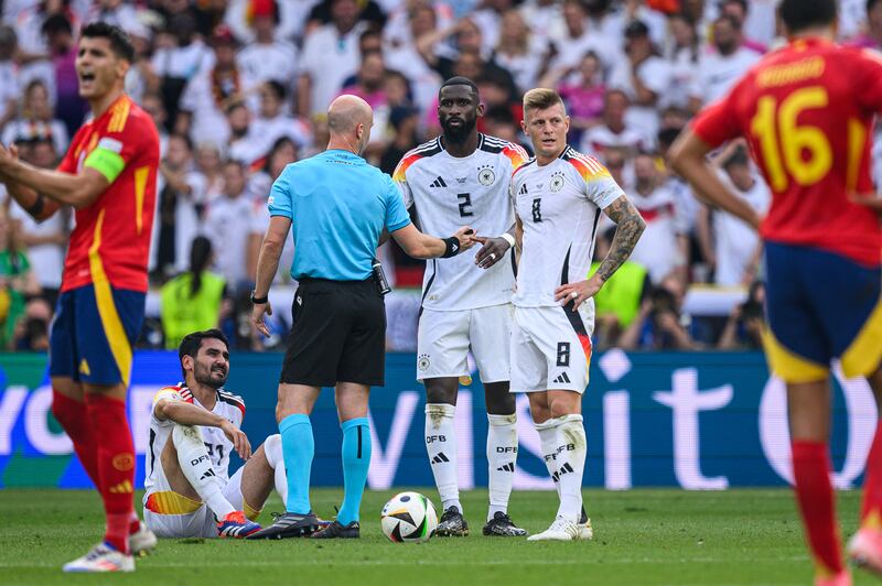 Antonio Rüdiger and Toni Kroos during Germany's defeat by Spain. Photograph: Markus Gilliar/GES Sportfoto/Getty Images