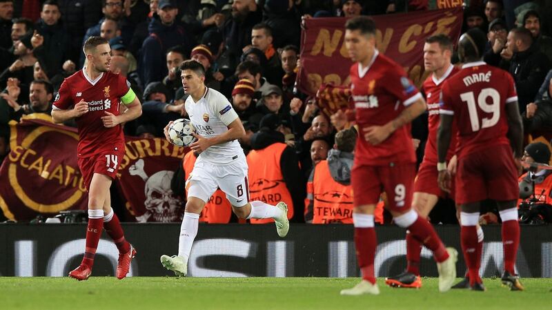 AS Roma’s Diego Perotti scores his side’s second goal. Photograph: Peter Byrne/PA
