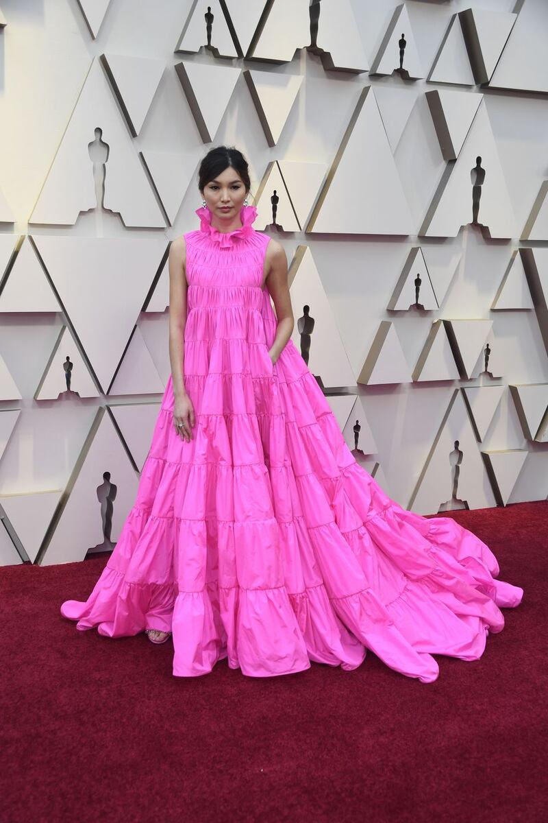 Pink rules: Gemma Chan in pink Valentino on the  Oscars red carpet on Sunday night in Hollywood, Photograph:  Frazer Harrison/Getty Images