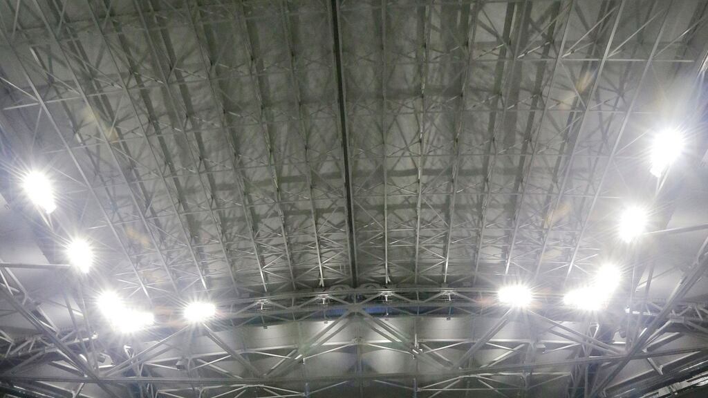 With the new roof closed at Arthur Ashe Stadium, Rafael Nadal serves to Andreas Seppi. Photograph: AP