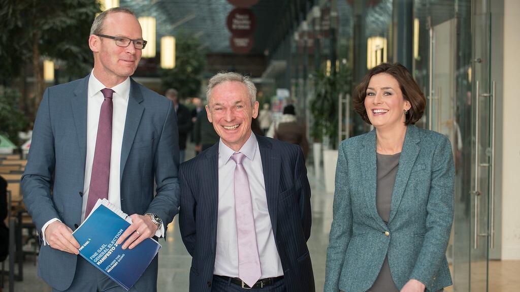 On the stump for Fine Gael: Minister for Agriculture Simon Coveney, Minister for Jobs Richard Bruton, and Dublin Bay South candidate Kate O’Connell. Photograph: Barry Cronin
