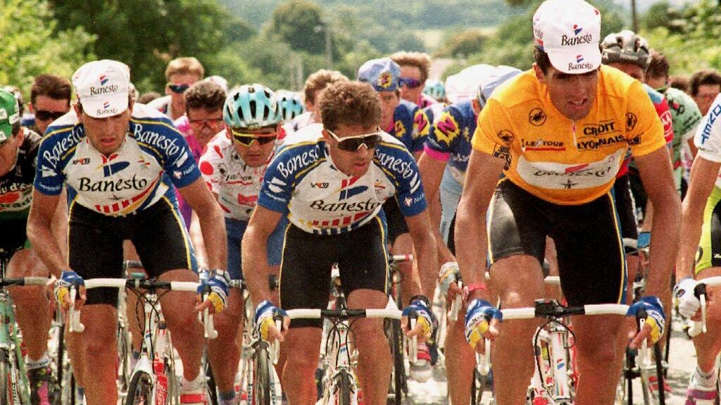 Spain’s Miguel Indurain in the yellow jersey is protected by his team-mates Marino Alonso (left) and Pedro Delgado (centre) during the 17th stage of the 1992 Tour de France. Photograph: Boris Horvat/AFP via Getty Images