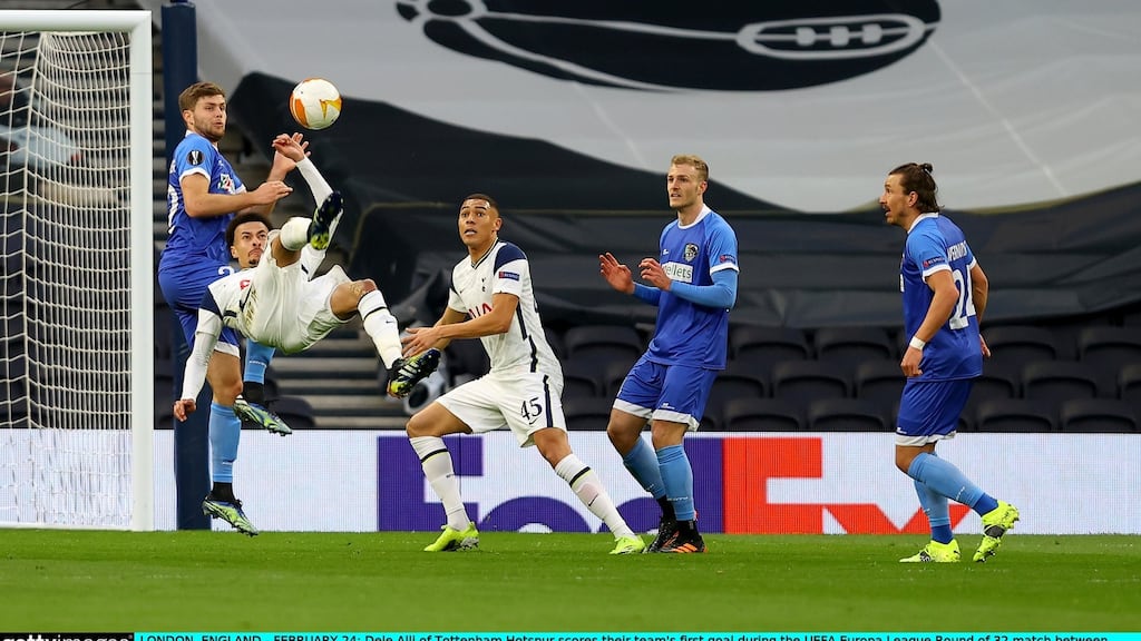 Tottenham Hotspur’s Dele Alli scores their team’s first goal against Wolfsberger AC at The Tottenham Hotspur Stadium. Photograph: Julian Finney/Getty Images