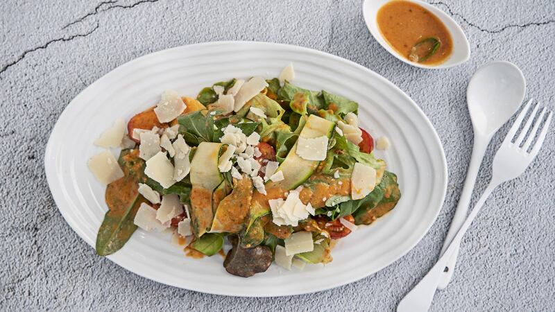 Summer leaves, courgette, gazpacho dressing and manchego