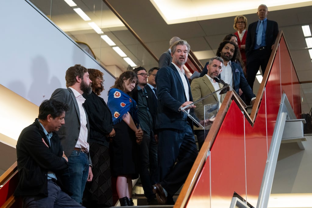Declan Walsh speaks alongside other members of the team who won the Pulitzer Prize for international reporting during a gathering in the newsroom of the New York Times in New York. Photograph: Hiroko Masuike/The New York Times