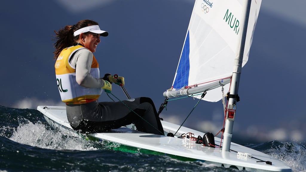 Annalise Murphy waits to compete in the delayed Women’s Laser Radial class on Day 7 of the Rio 2016 Olympic Games at Marina da Gloria in Rio de Janeiro, Brazil. Photograph: Clive Mason/Getty