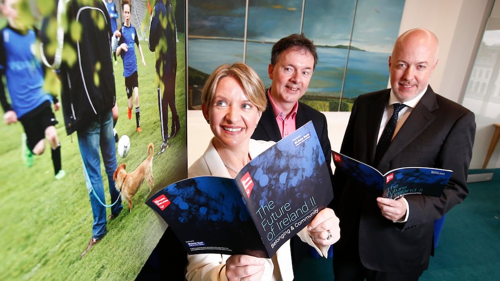 (From left) Maeve McMahon, director of customer experience and products at Ulster Bank, Gerard O’Neill, chairman, Amarách and Tim Griffiths, MD of OMD Ireland at the launch of the second ‘Future of Ireland’ nationwide study on Monday.