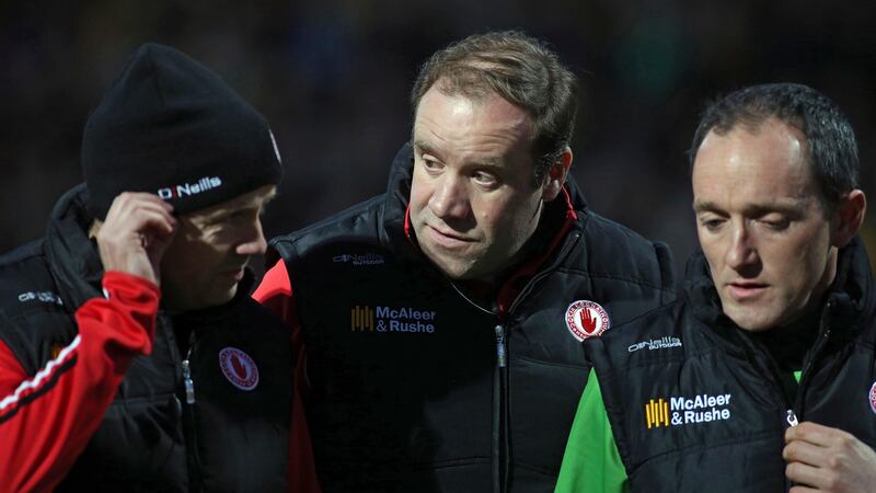 Manager Fergal Logan (centre) with selectors Peter Canavan and Brian Dooher. The trio of former Tyrone stars led the county to the All-Ireland under-21 title in 2015. Photograph: Loracan Doherty/Presseye/Inpho