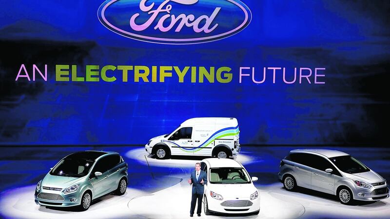 Bill Ford with some of the car maker’s electric and hybrid vehicles. Photograph: Andrew Harrer/Bloomberg