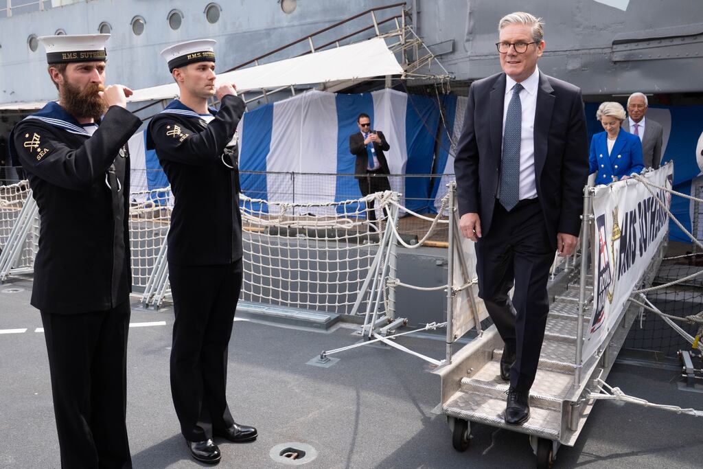 British prime minister Keir Starmer, European Commission president Ursula von der Leyen and European Council president Antonio Costa board HMS Sutherland in central London, following the UK-EU summit. Photograph: Stefan Rousseau/PA