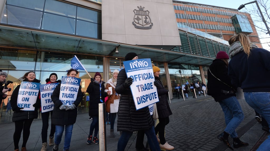 INMO members from the Mater Hospital at last week’s nurses’ strike in Dublin. Photograph: Dara Mac Dónaill / The Irish Times