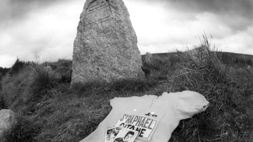 Shay Elliot Memorial in the Wicklow  Mountains with the yellow jersey he wore in his Tour de France stage victory. Photograph: Billy Stickland/Inpho