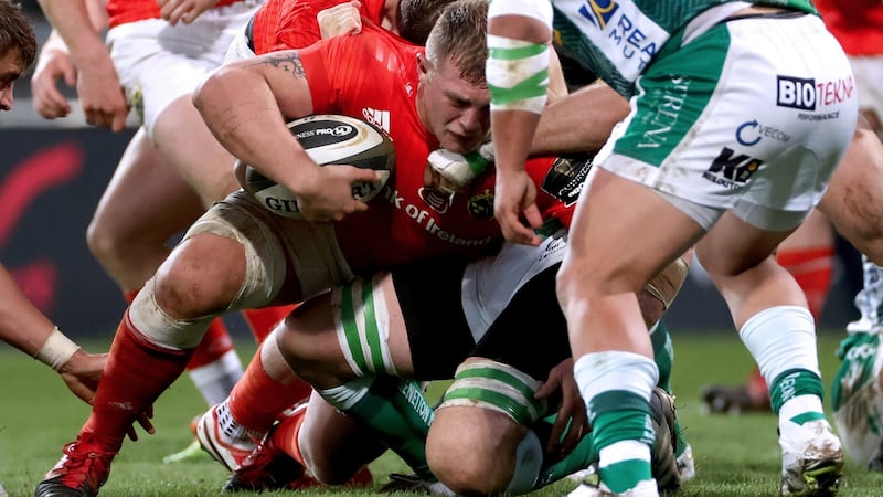 Munster’s Keynan Knox scores his side’s second try during the Guinness Pro 14 game at Thomond Park. Photograph: James Crombie/Inpho