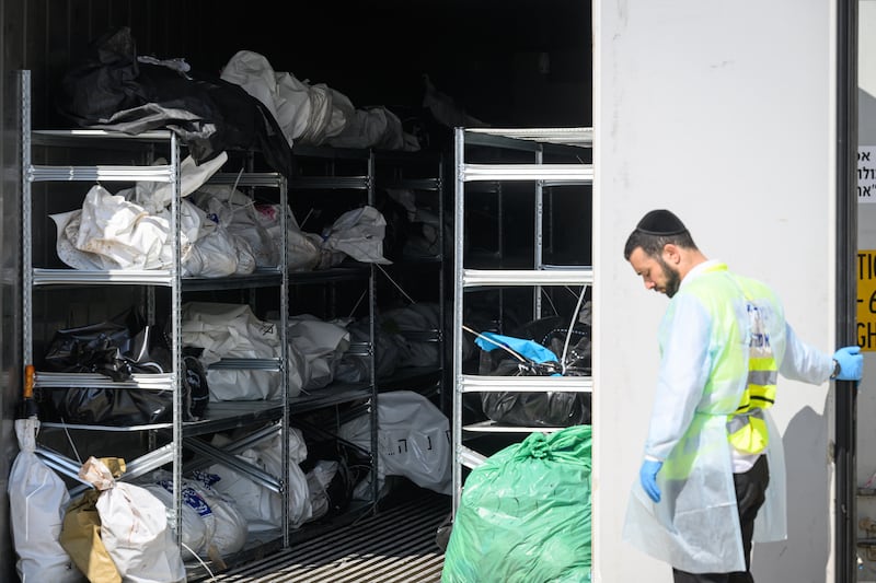 A refrigerated container holding the bodies of Israeli citizens killed during the October 7th attacks by Hamas. Photograph: Leon Neal/Getty Images