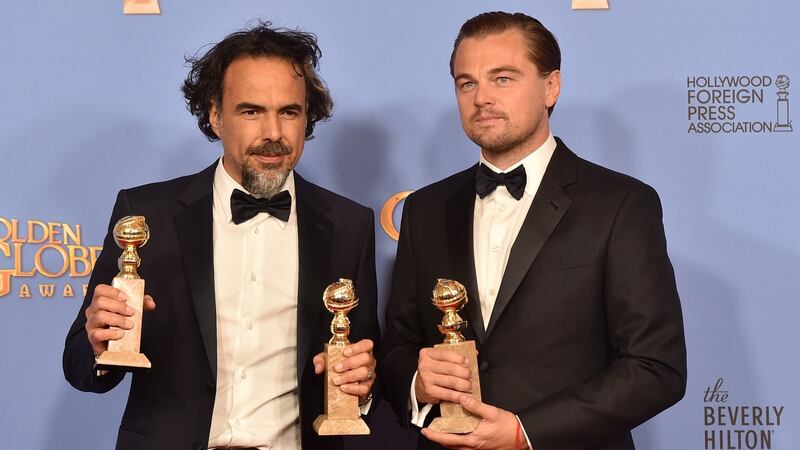 Alejandro Gonzalez Inarritu (left), winner of Best Motion Picture - Drama and Best Director - Motion Picture for “The Revenant,” and actor Leonardo DiCaprio, winner of Best Performance by an Actor in a Motion Picture - Drama for “The Revenant,” at the 73rd Annual Golden Globe Awards Photograph: Kevin Winter/Getty Images
