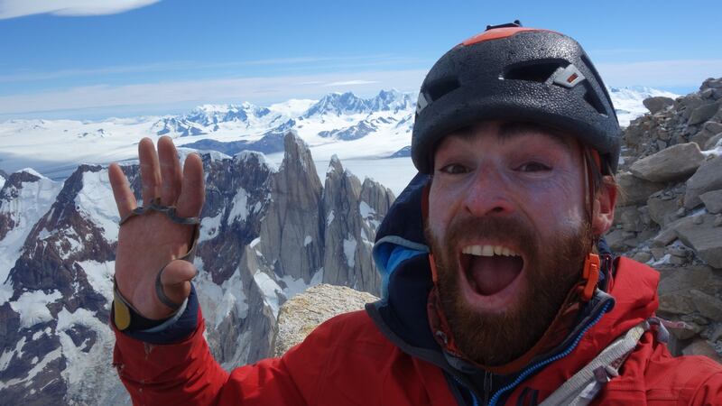 Sean Villanueva O’Driscoll on the summit of Cerro Fitz Roy, the highest mountain in the South American region of Patagonia.