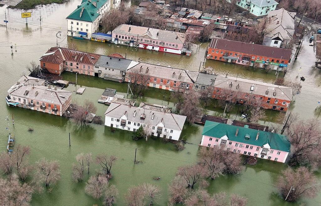 A flooded part of the city of Orsk in Russia's Orenburg region, southeast of the Ural Mountains. Photograph: Anatoliy Zhdanov/Kommersant Photo/AFP/Russia Out via Getty