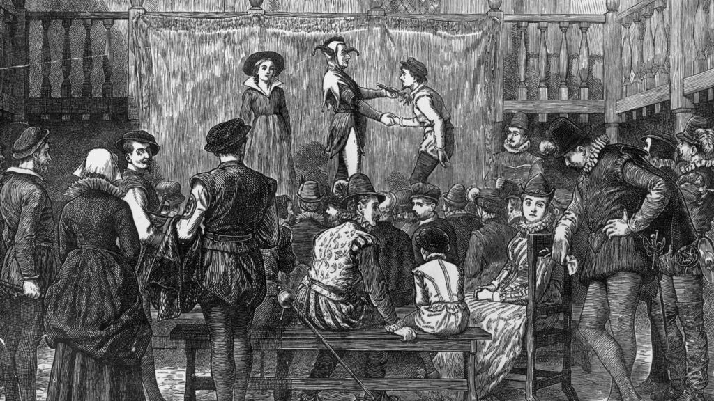 A performance of Shakespeare’s ‘As You Like It’ at a London inn yard in Elizabethan times, circa 1580.  Photograph:  Hulton Archive/Getty Images