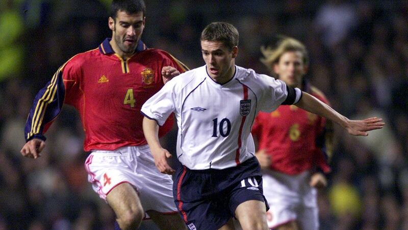 England’s Michael Owen (right) in action against Spain’s Pep Guardiola in 2001. Photograph: Nick Potts/Pa