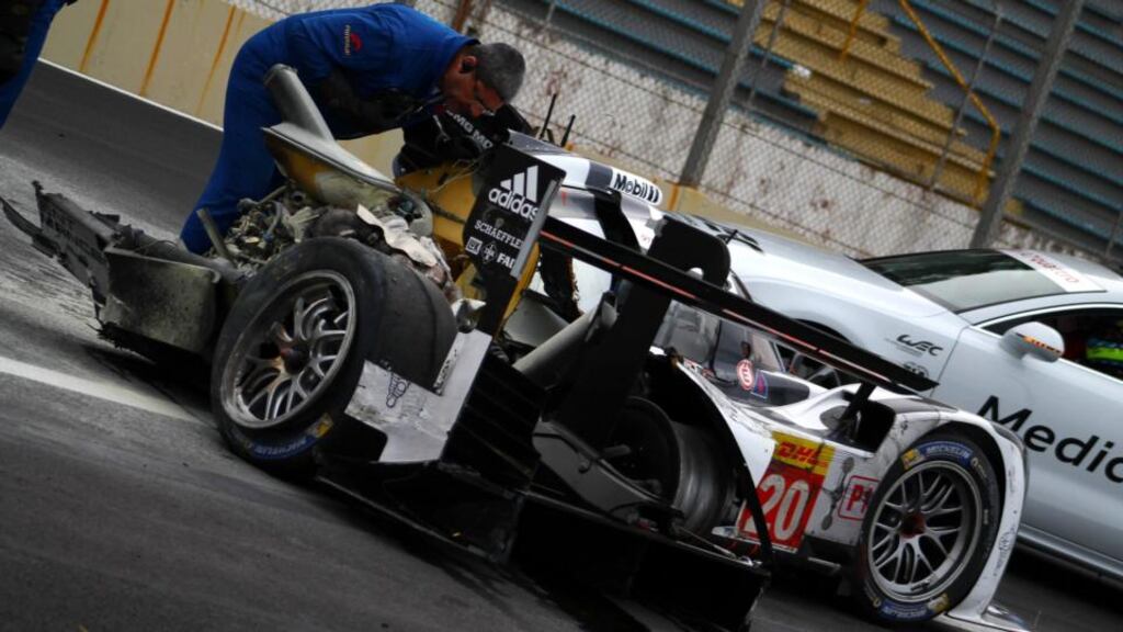 The remains of Mark Webber’s Porsche after his crash in the FIA World Endurance Championship in Sao Paulo