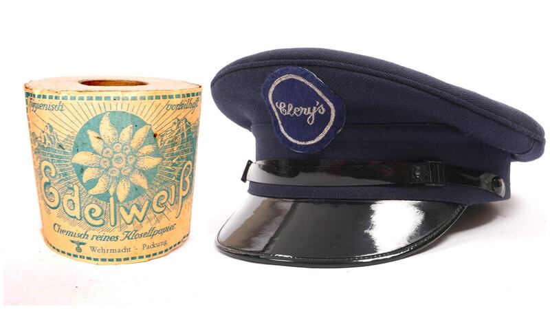 An unopened roll of Edelweiss brand toilet paper, which was issued to the Wehrmacht (€80-€120); a doorman’s hat from Clery’s department store (€200-€300)