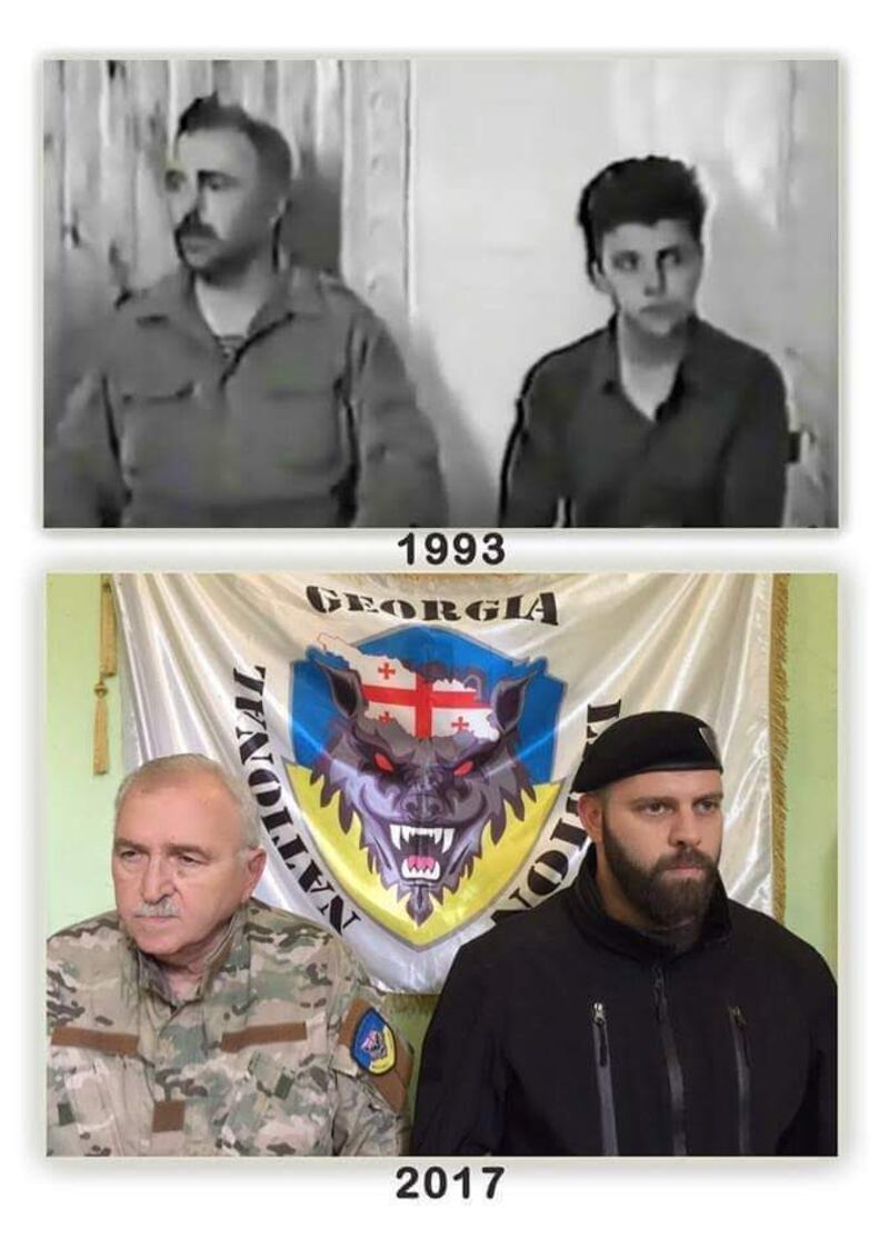 Mamuka Mamulashvili and his father, Zurab, a former general in Georgia's military. The photos show them when they fought together against Russian-backed separatists in the Abkhazia region of Georgia in the early 1990s and again in Ukraine in recent years. Photographs courtesy of Mamuka Mamulashvili