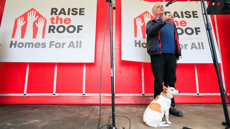 Fr Peter McVerry with his pet dog Tiny during Wednesday’s housing crisis protest. He was right not to get carried away by Fine Gael’s 2011 plan. Photograph: Gareth Chaney Collins