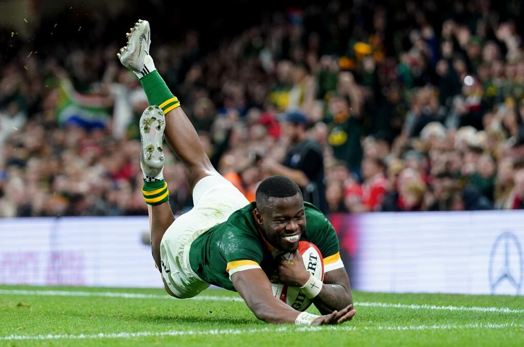 South Africa's Aphelele Fassi scores against Wales at the Principality Stadium. Photograph: David Davies/PA