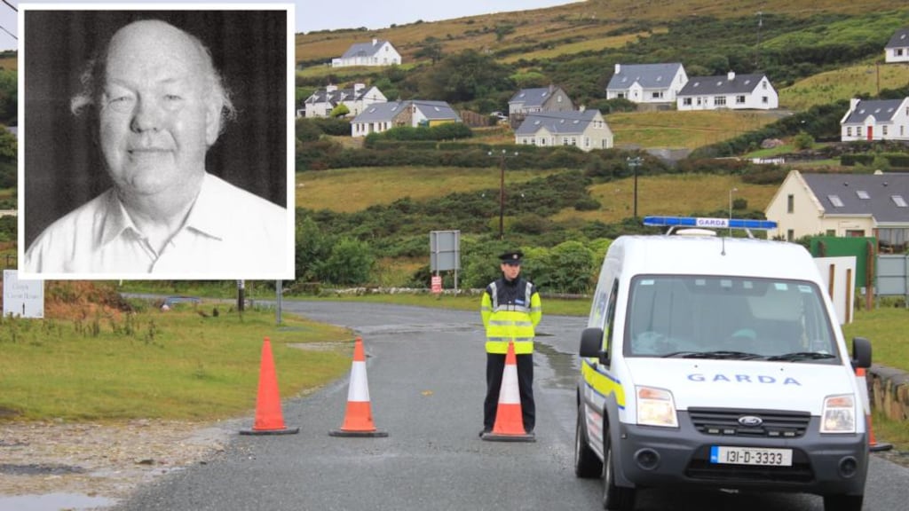 The scene at Dugort, Achill, where 82-year-old Roger Grainger (inset) died when his car left the road amid flooding