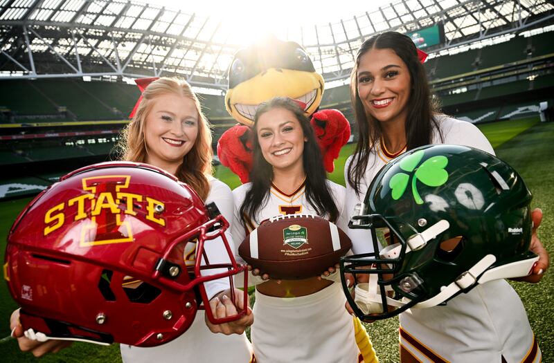Iowa State University cheerleader members, Bailey Houston, Grace Krouse and Natalie Maxwell at the Aviva Stadium Dublin. Photograph: Ramsey Cardy/Sportsfile