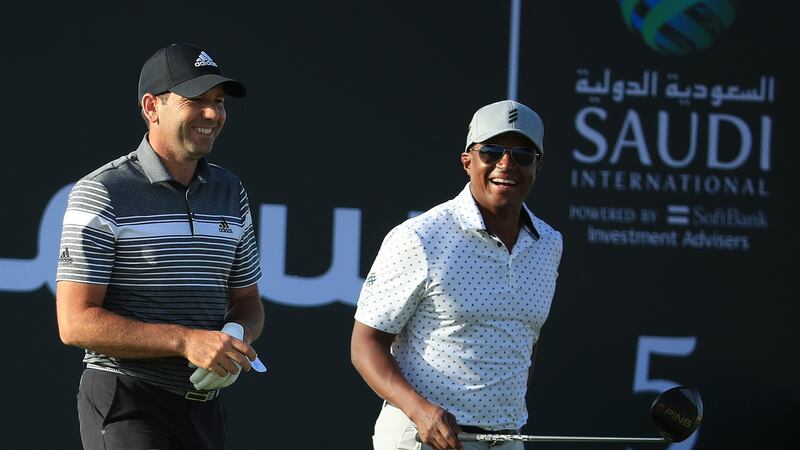 Sergio Garcia with Majed Al-Sorour ahead of the 2020 Saudi International. Photo: Andrew Redington/WME IMG/WME IMG via Getty Images