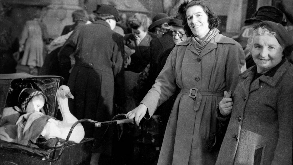 A goose in a pram for sale at a Christmas market in Dundalk in the early 1960s. Photograph: Paul Kavanagh/The County Museum, Dundalk