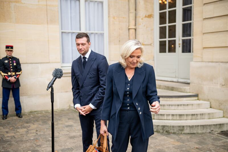 Jordan Bardella (left), president of National Rally, and Marine Le Pen, its leader. Photograph: Benjamin Girette/Bloomberg