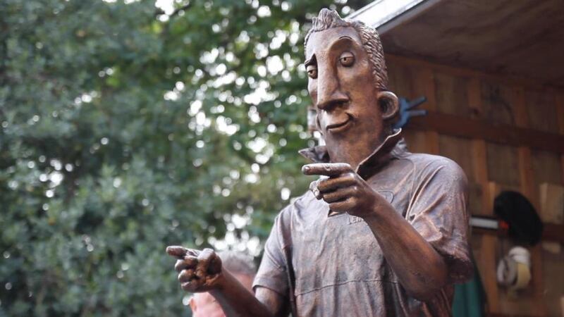 A statue of Ross O’Carroll-Kelly which author Paul Howard is hoping will take up residence at the bottom of Grafton St in Dublin, at the old site of the Molly Malone statue. The Ross statue was arranged by Penguin Ireland to promote the book ‘Keeping up with the Kalashnikovs’. Image: The Irish Times