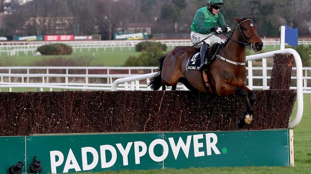 Paul Townend on Footpad clears the last on the way to winning the Racing Post Novice Steeplechase at Leopardstown at the Christmas festival. Photograph: Tommy Dickson/Inpho