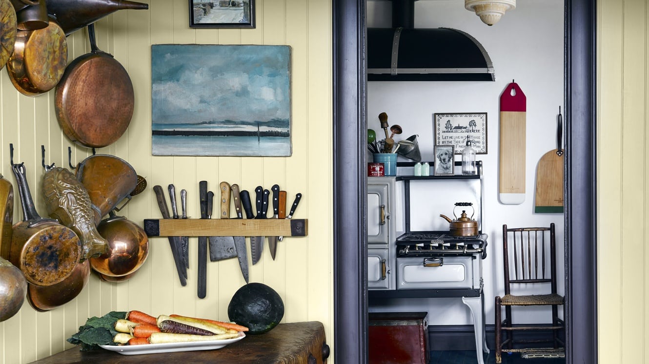 Fulk’s oven kitchen with an antique butcher block in his holiday home, Baxter’s Landing in Provincetown. Photograph: Douglas Friedman Photography