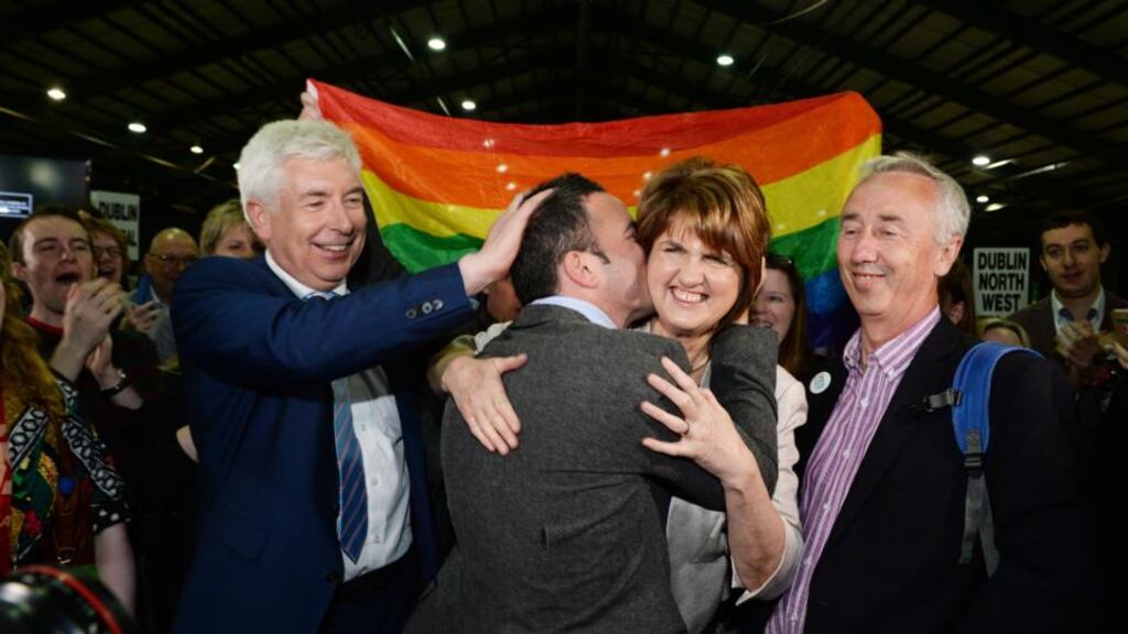 TDs Alex White, John Lyons, Joan Burton and Kevin Humphreys at the marriage referendum count at the RDS. Photograph: Cyril Byrne