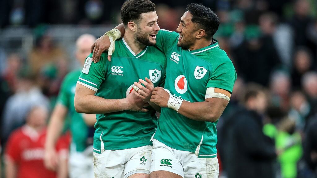 Ireland’s Robbie Henshaw and Bundee Aki celebrate after their win against Wales in the Guinness Six Nations Championship Round 2 match at the Aviva Stadium, Dublin on February 8th. Photograph: Gary Carr/Inpho