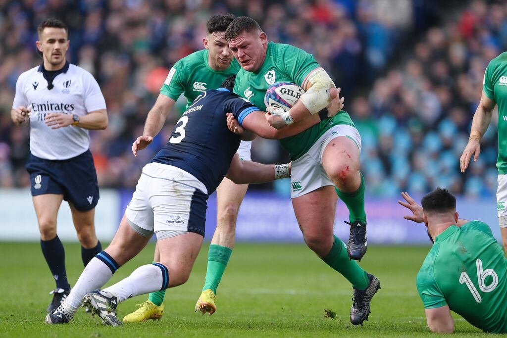 Ireland's Tadhg Furlong is tackled by Zander Fagerson of Scotland during the Six Nations Rugby match at Murrayfield Stadium on March 12th. Photograph: Stu Forster/Getty Images