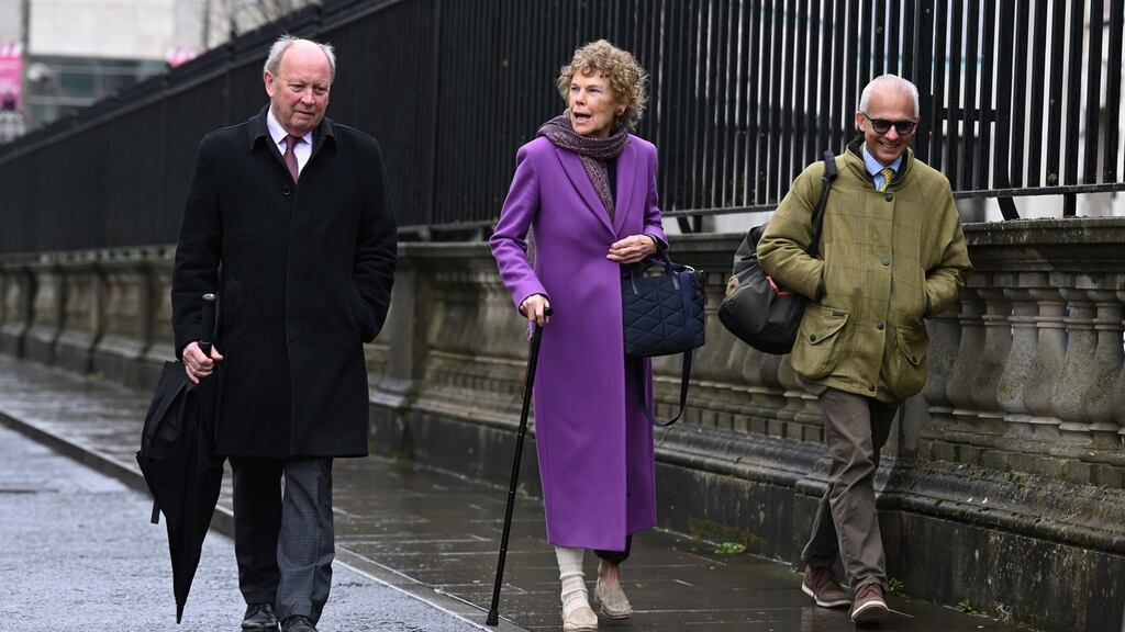 Jim Allister, Kate Hoey and Ben Habib arrive at the High Court in Belfast, ahead of the judgment in the challenge to the Northern Ireland protocol. Photograph: Michael Cooper/PA