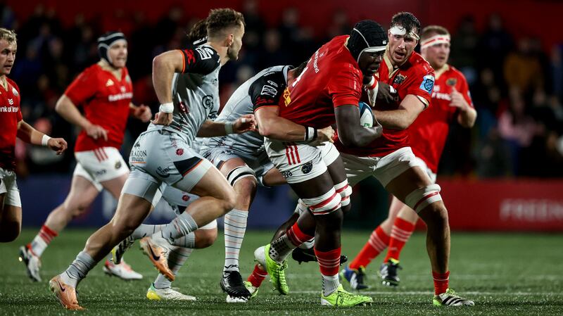 Before his injury, Munster's Edwin Edogbo displayed an ability to carry through heavy traffic. Photograph: Ben Brady/Inpho