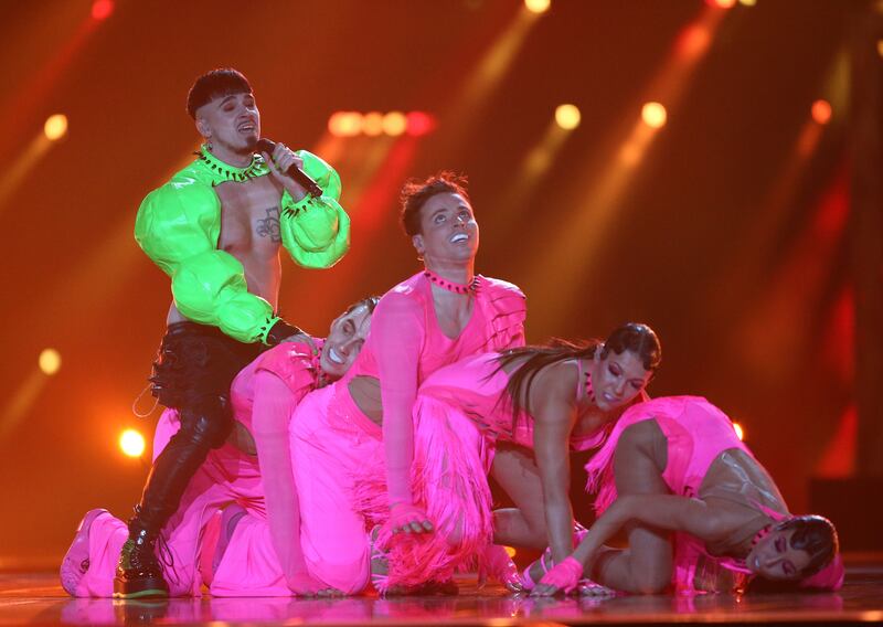 Finnish rapper Käärijä, the second favourite, performs with dancers during a rehearsal for the 67th annual Eurovision Song Contest. Photograph: Adam Vaughan/EPA