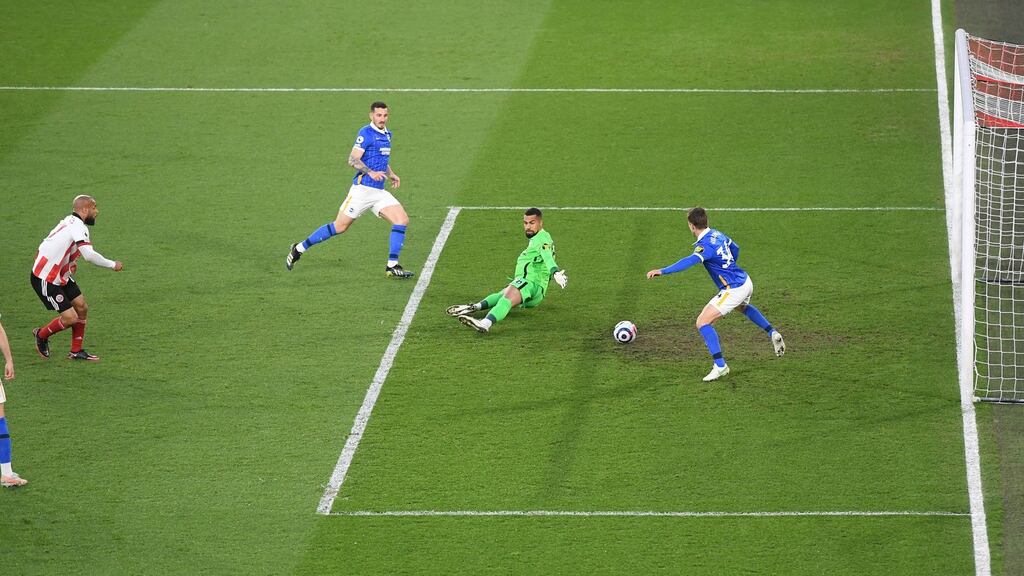 David McGoldrick scores Sheffield United’s winner against Brighton. Photograph: Michael Regan/PA