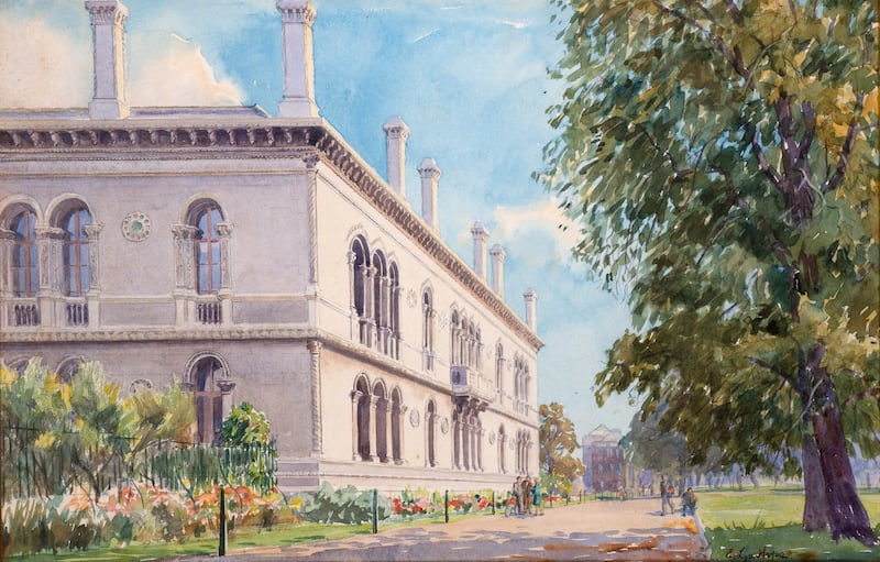 A watercolour of the Museum Building in  Trinity College Dublin by Eve Lyn Hope (€500-€700)