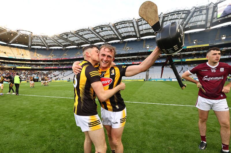 Kilkenny's Cian Kenny and Mikey Butler celebrate after the Leinster final. Photograph: Bryan Keane/Inpho