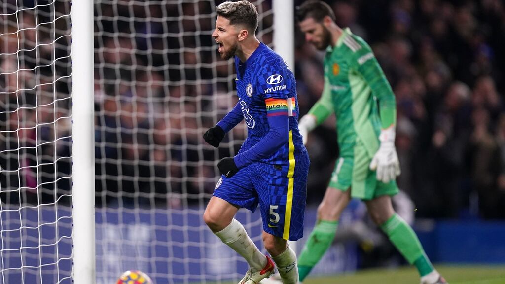 Chelsea’s Jorginho scores his 13th Premier League penalty to drag Chelsea back on to level terms against Manchester United at Stamford Bridge. Photograph: PA